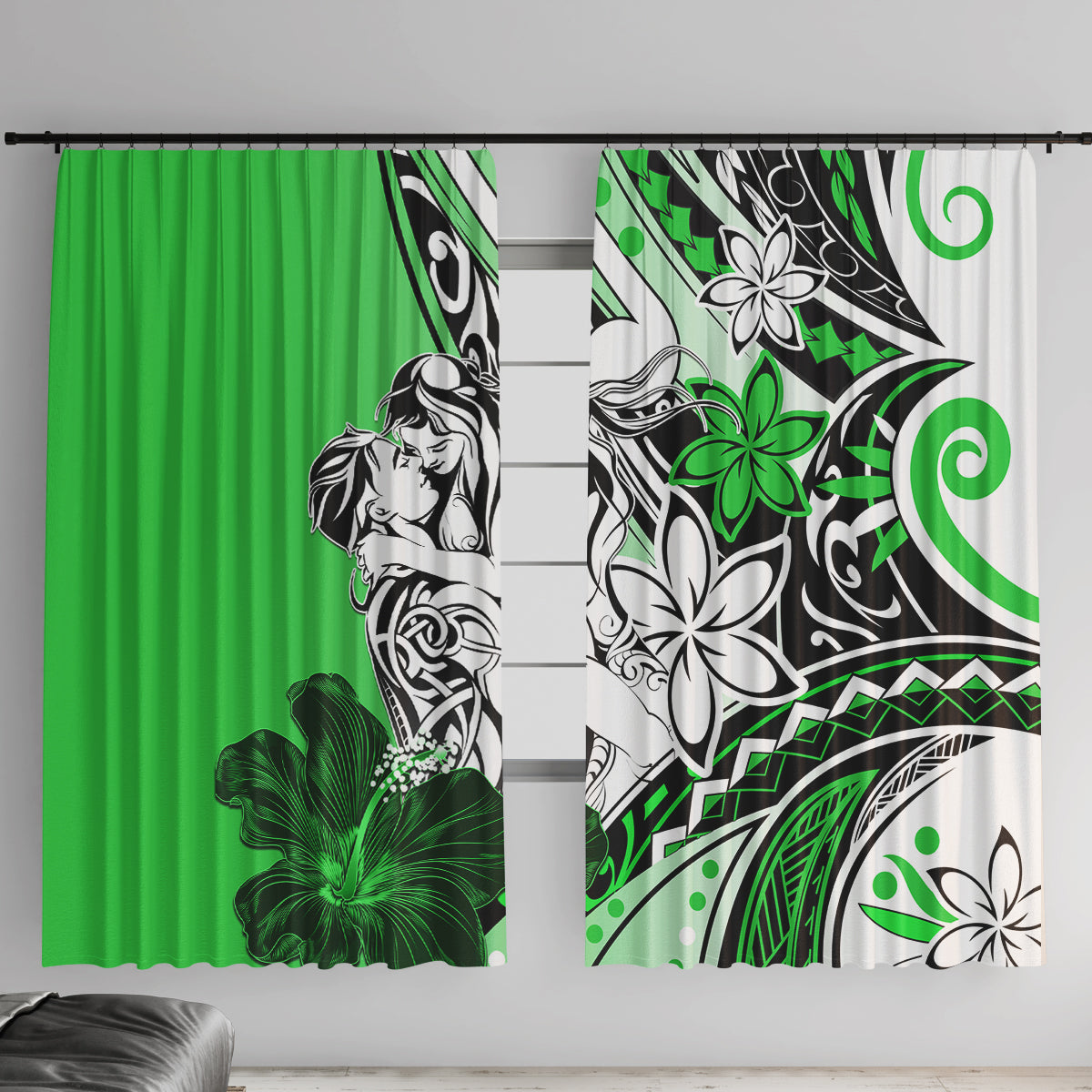 Polynesian Valentine Window Curtain Couple Floral Unique Green Version LT01 With Hooks Green - Polynesian Pride