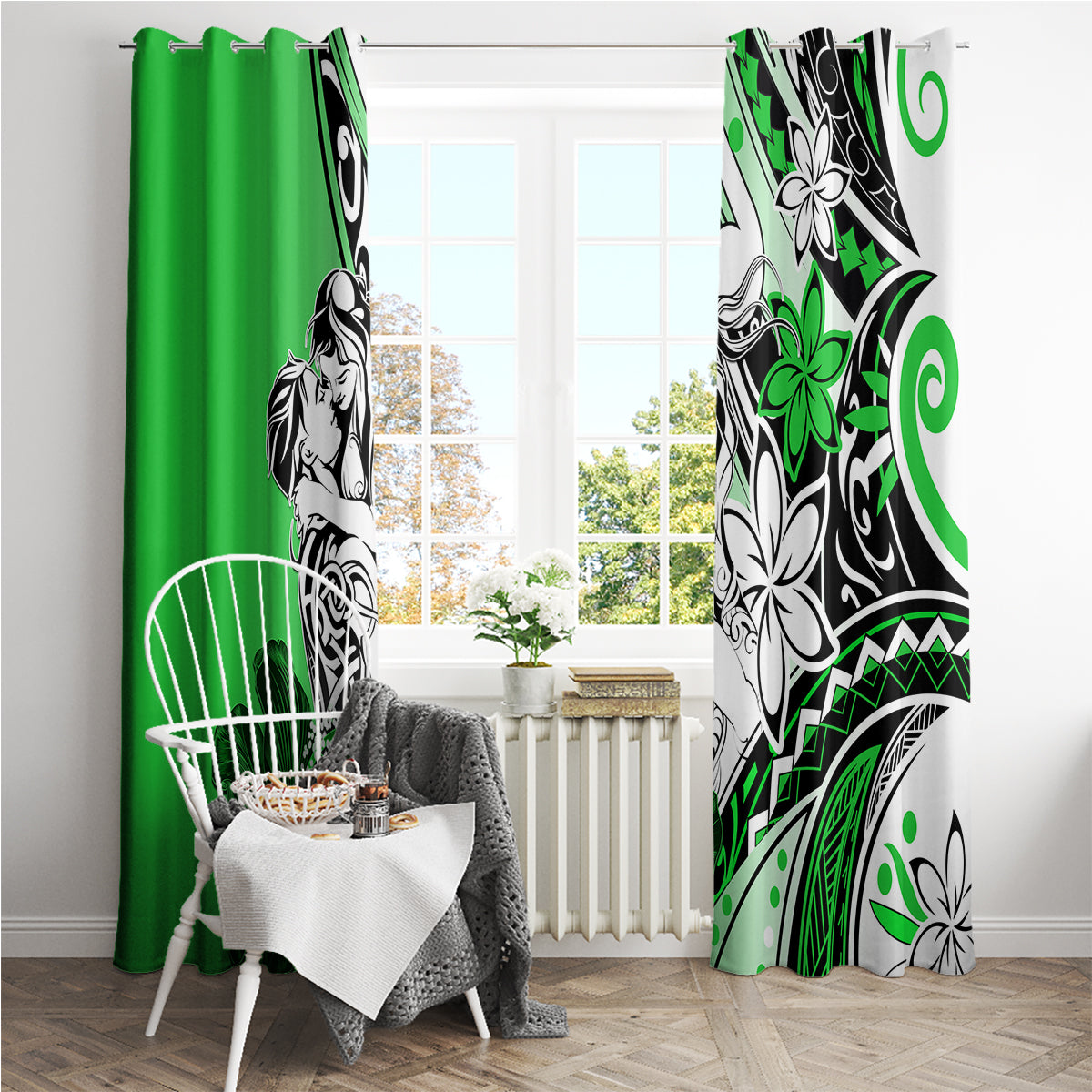 Polynesian Valentine Window Curtain Couple Floral Unique Green Version LT01 - Polynesian Pride