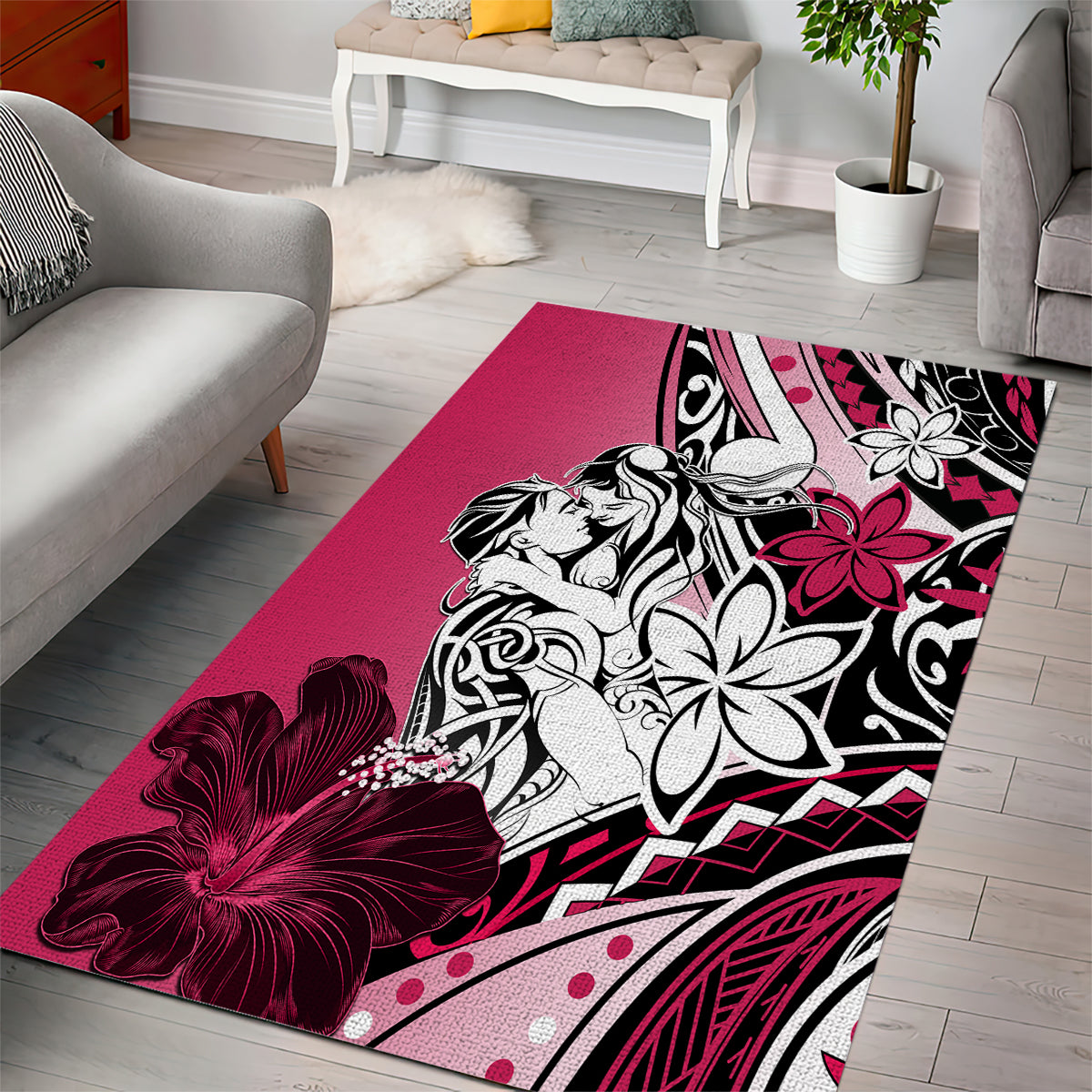 Polynesian Valentine Area Rug Couple Floral Unique Pink Version LT01 - Polynesian Pride