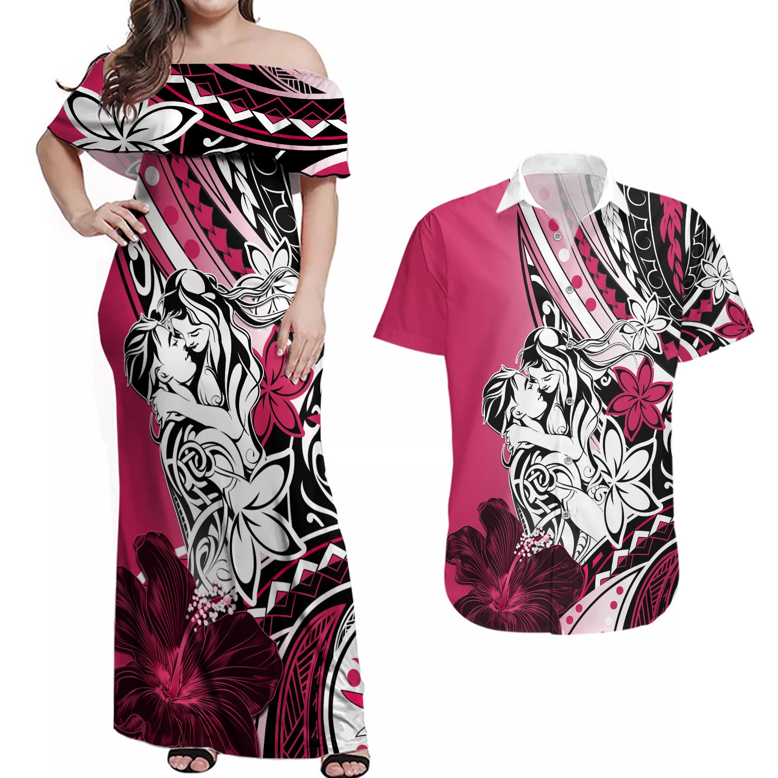 Polynesian Valentine Couples Matching Off Shoulder Maxi Dress and Hawaiian Shirt Couple Floral Unique Pink Version LT01 Pink - Polynesian Pride