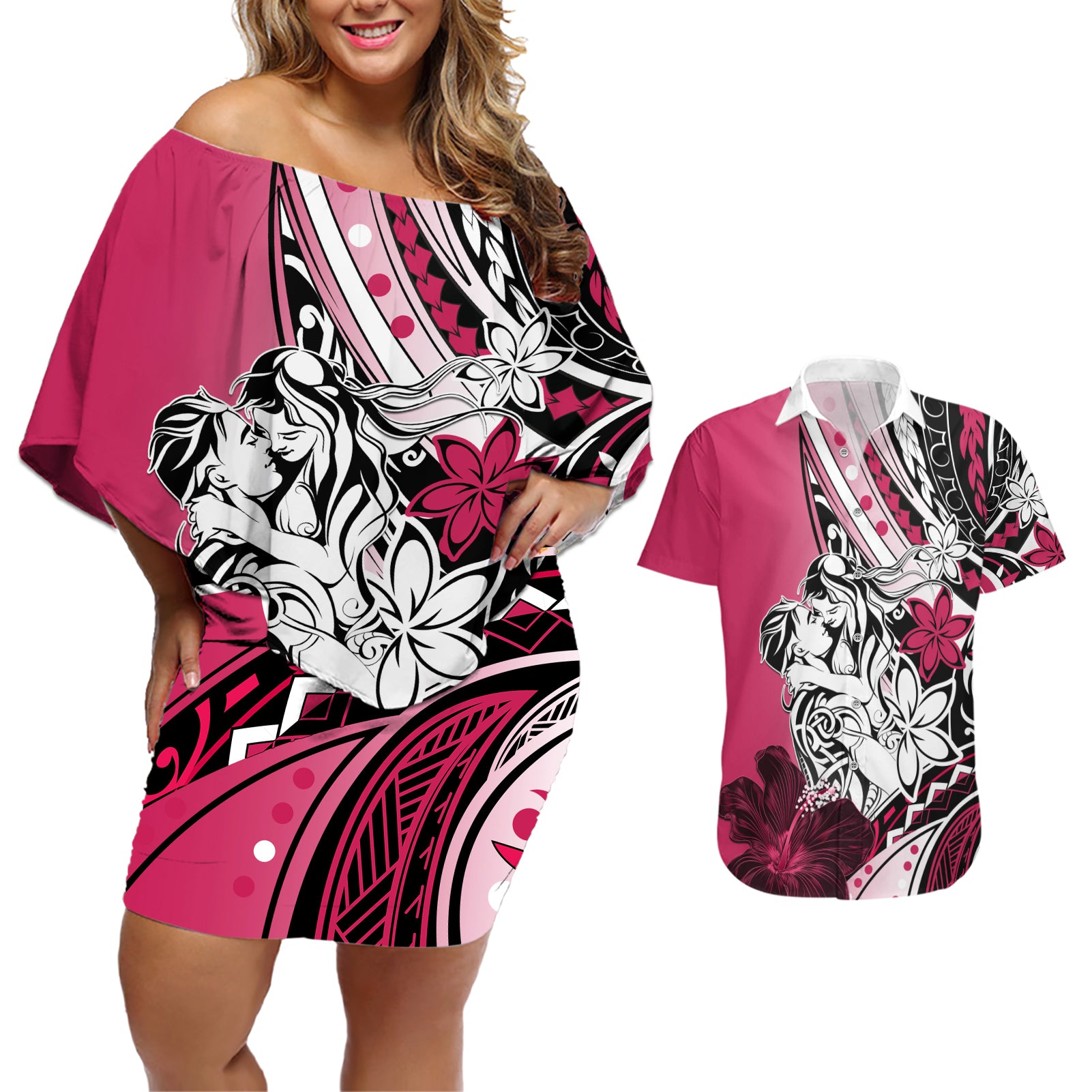 Polynesian Valentine Couples Matching Off Shoulder Short Dress and Hawaiian Shirt Couple Floral Unique Pink Version LT01 Pink - Polynesian Pride