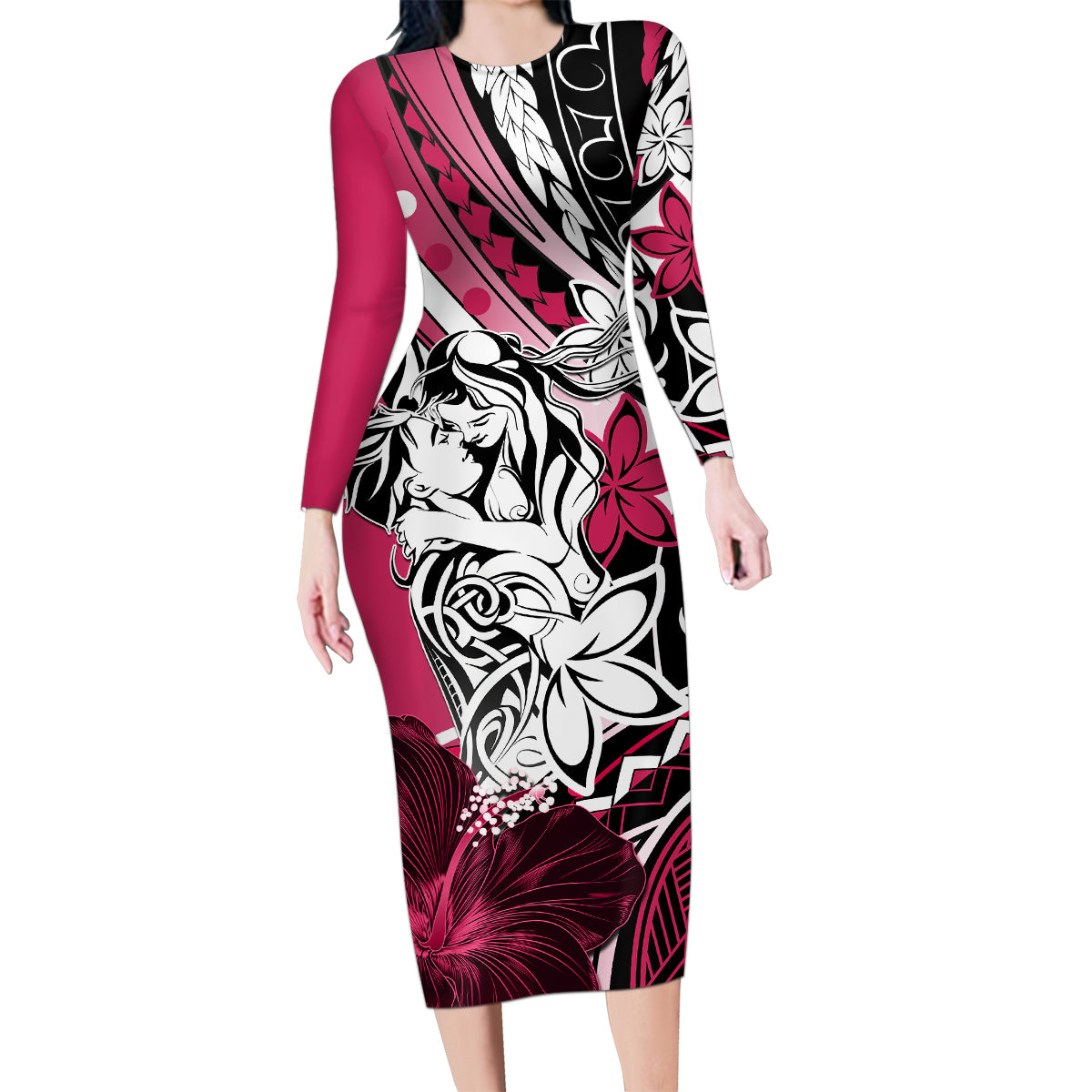 Polynesian Valentine Family Matching Long Sleeve Bodycon Dress and Hawaiian Shirt Couple Floral Unique Pink Version LT01 Mom's Dress Pink - Polynesian Pride