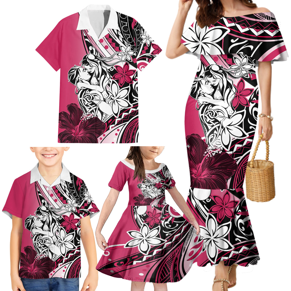 Polynesian Valentine Family Matching Mermaid Dress and Hawaiian Shirt Couple Floral Unique Pink Version LT01 - Polynesian Pride