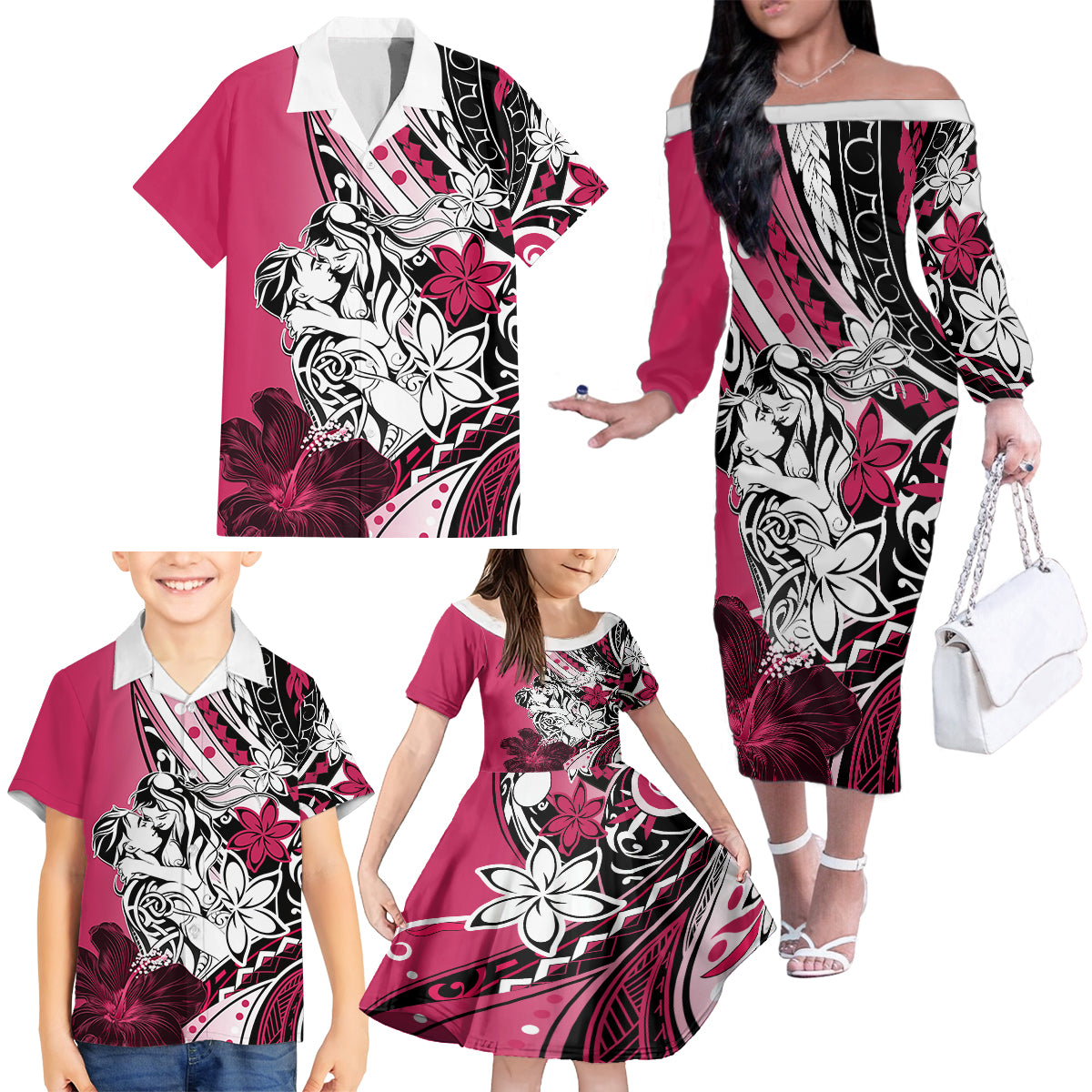 Polynesian Valentine Family Matching Off Shoulder Long Sleeve Dress and Hawaiian Shirt Couple Floral Unique Pink Version LT01 - Polynesian Pride