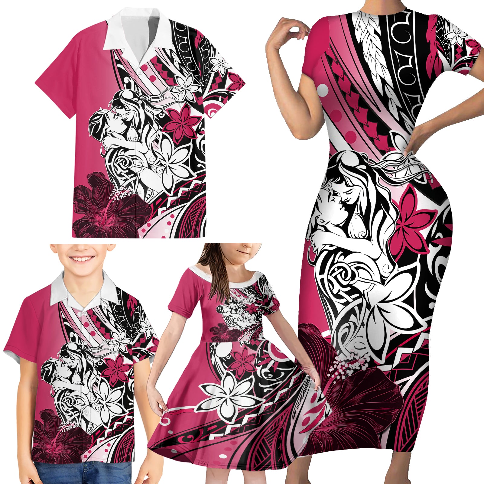 Polynesian Valentine Family Matching Short Sleeve Bodycon Dress and Hawaiian Shirt Couple Floral Unique Pink Version LT01 - Polynesian Pride