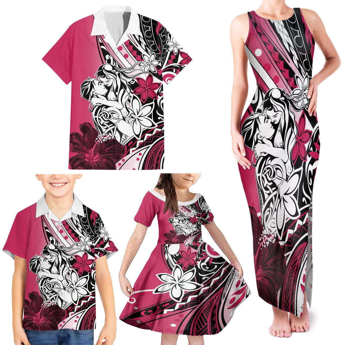 Polynesian Valentine Family Matching Tank Maxi Dress and Hawaiian Shirt Couple Floral Unique Pink Version LT01 - Polynesian Pride