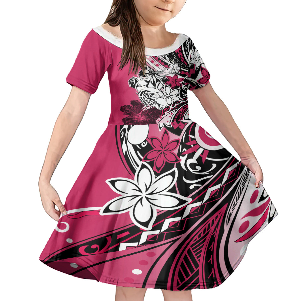 Polynesian Valentine Kid Short Sleeve Dress Couple Floral Unique Pink Version LT01 KID Pink - Polynesian Pride