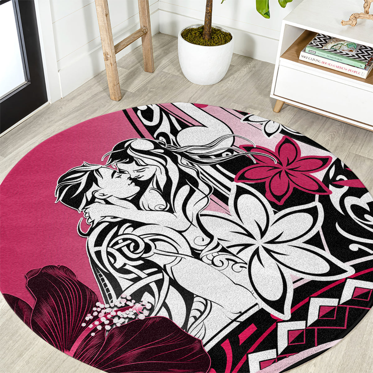 Polynesian Valentine Round Carpet Couple Floral Unique Pink Version LT01 Pink - Polynesian Pride