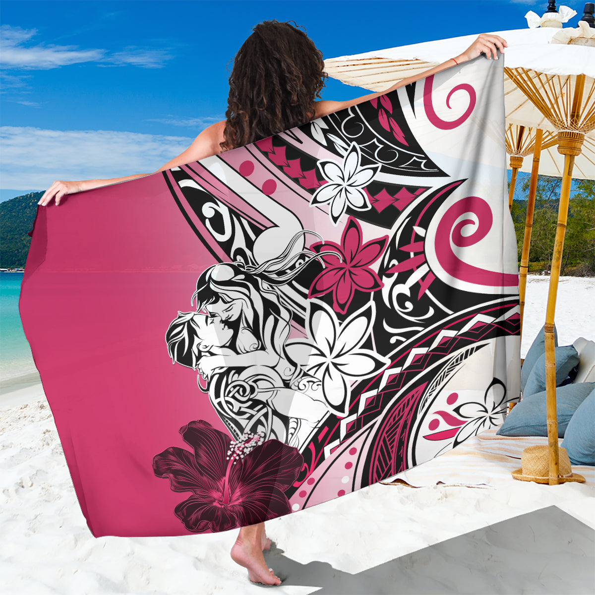 Polynesian Valentine Sarong Couple Floral Unique Pink Version LT01 One Size 44 x 66 inches Pink - Polynesian Pride