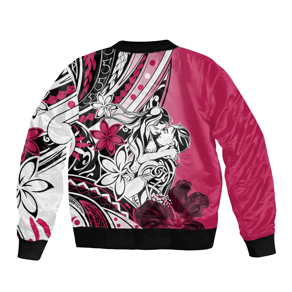 Polynesian Valentine Sleeve Zip Bomber Jacket Couple Floral Unique Pink Version LT01 - Polynesian Pride