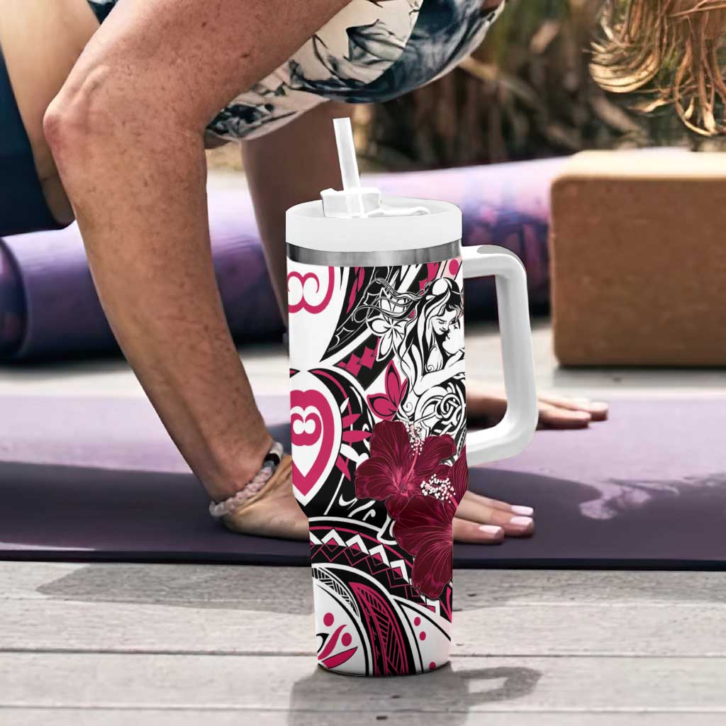 Polynesian Valentine Tumbler With Handle Couple Floral Unique Pink Version LT01 - Polynesian Pride