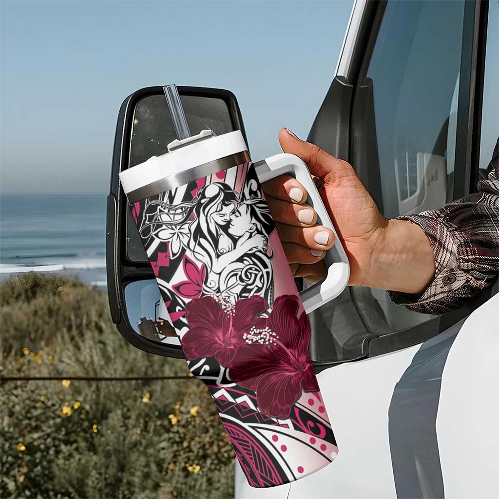Polynesian Valentine Tumbler With Handle Couple Floral Unique Pink Version LT01 - Polynesian Pride