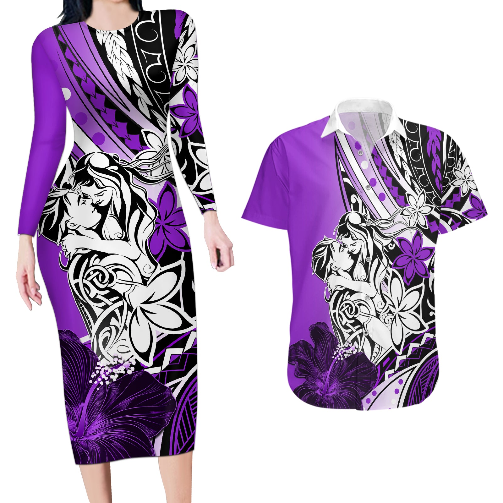 Polynesian Valentine Couples Matching Long Sleeve Bodycon Dress and Hawaiian Shirt Couple Floral Unique Purple Version LT01 Purple - Polynesian Pride