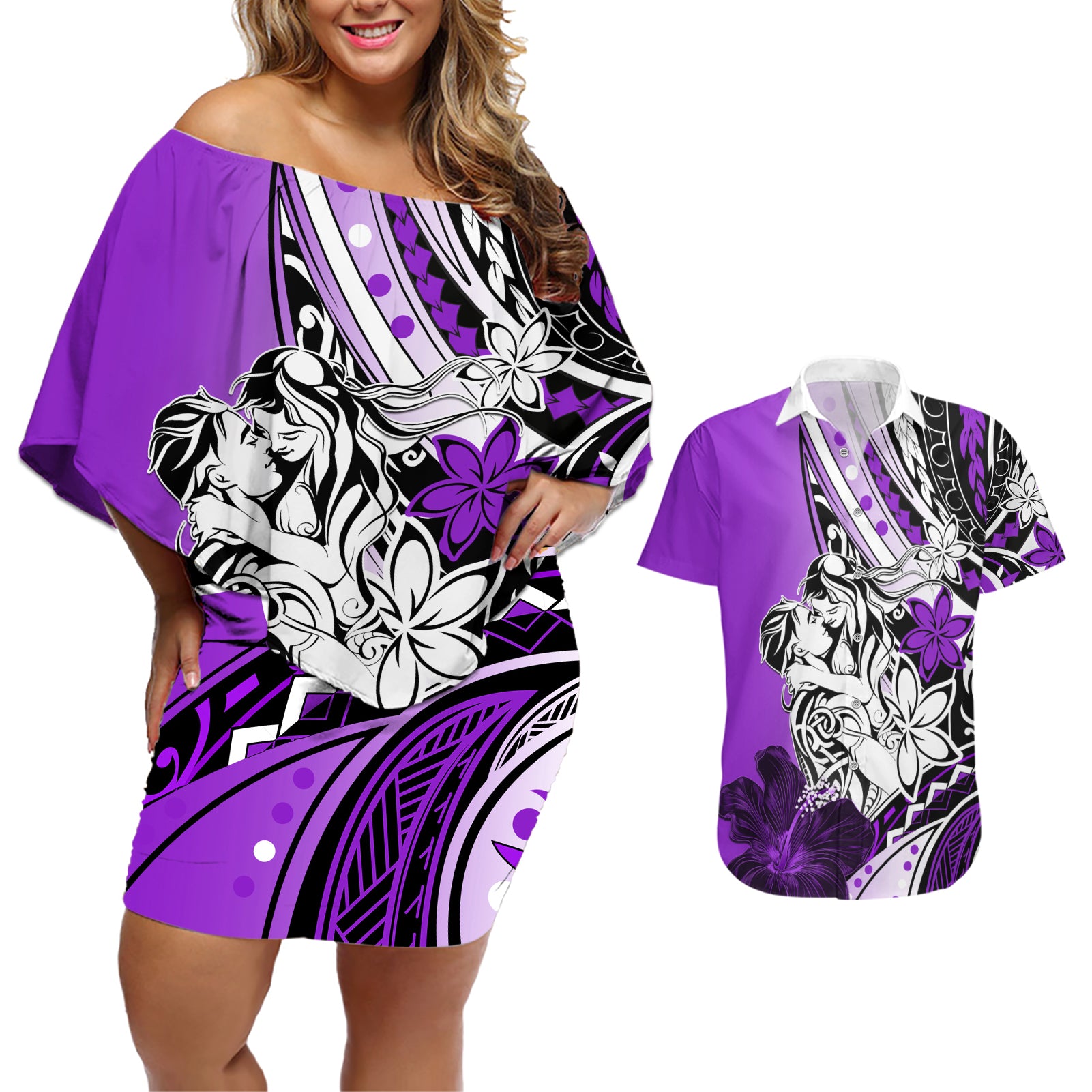 Polynesian Valentine Couples Matching Off Shoulder Short Dress and Hawaiian Shirt Couple Floral Unique Purple Version LT01 Purple - Polynesian Pride