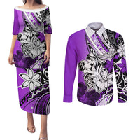 Polynesian Valentine Couples Matching Puletasi and Long Sleeve Button Shirt Couple Floral Unique Purple Version LT01 Purple - Polynesian Pride