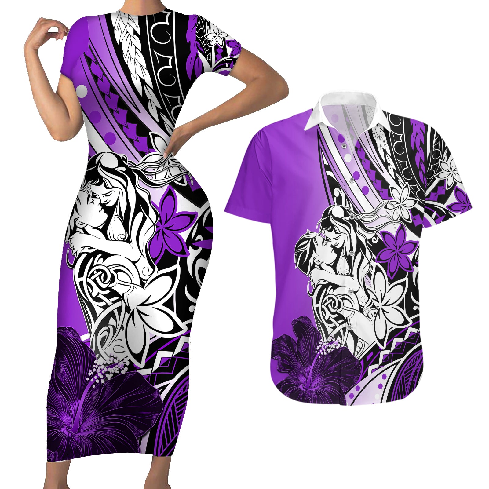 Polynesian Valentine Couples Matching Short Sleeve Bodycon Dress and Hawaiian Shirt Couple Floral Unique Purple Version LT01 Purple - Polynesian Pride