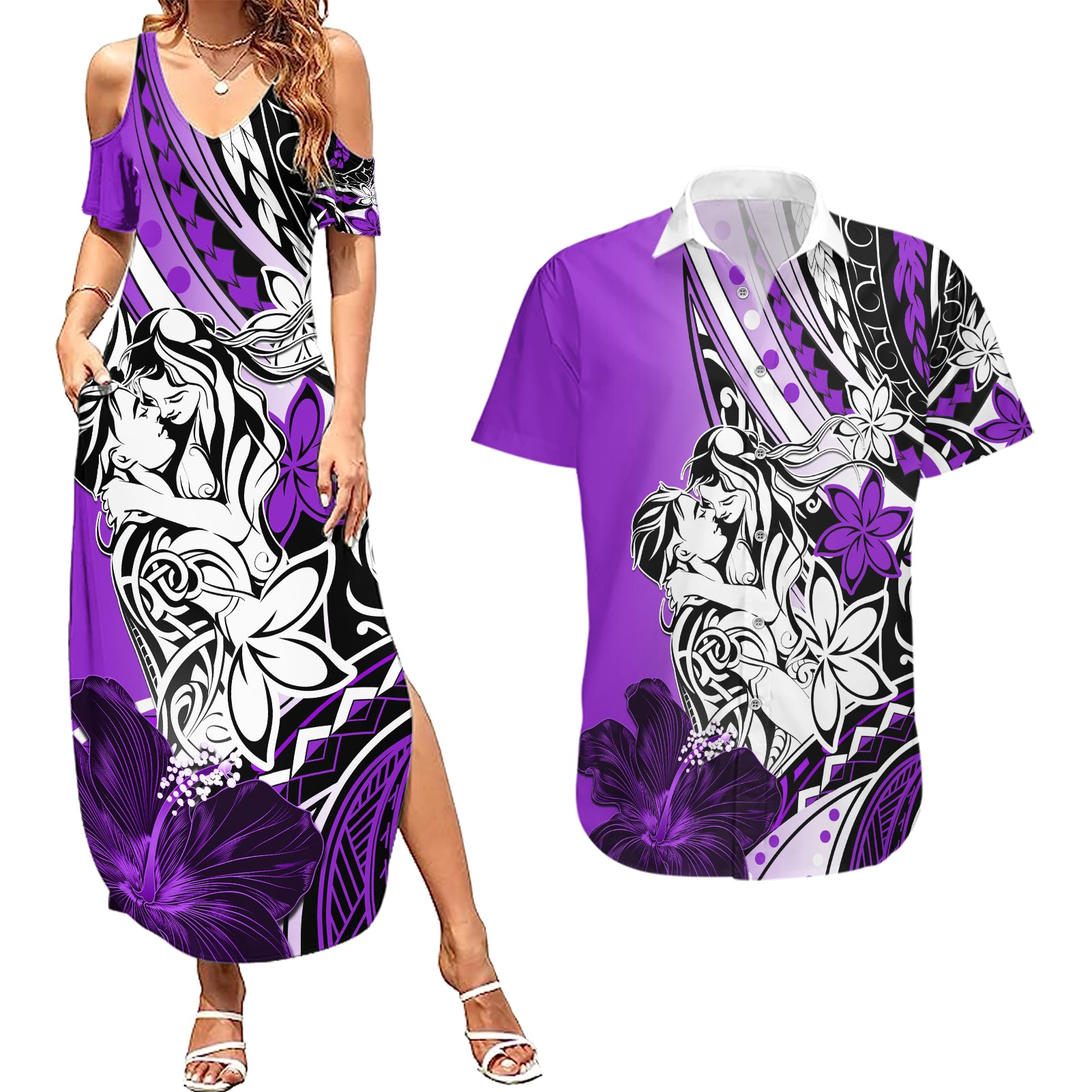 Polynesian Valentine Couples Matching Summer Maxi Dress and Hawaiian Shirt Couple Floral Unique Purple Version LT01 Purple - Polynesian Pride