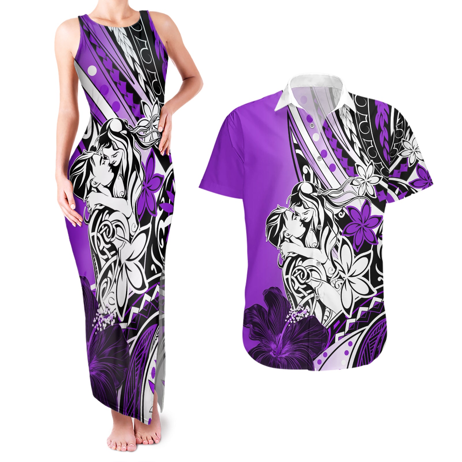 Polynesian Valentine Couples Matching Tank Maxi Dress and Hawaiian Shirt Couple Floral Unique Purple Version LT01 Purple - Polynesian Pride