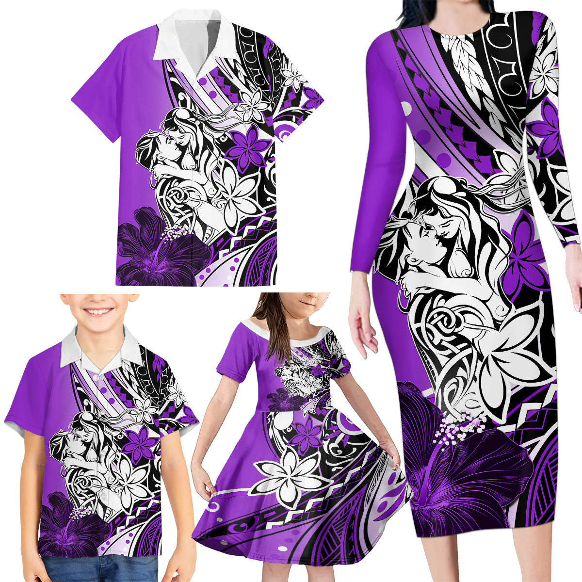 Polynesian Valentine Family Matching Long Sleeve Bodycon Dress and Hawaiian Shirt Couple Floral Unique Purple Version LT01 - Polynesian Pride