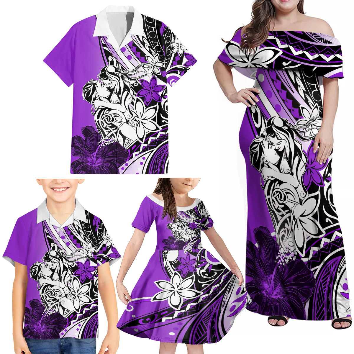 Polynesian Valentine Family Matching Off Shoulder Maxi Dress and Hawaiian Shirt Couple Floral Unique Purple Version LT01 - Polynesian Pride