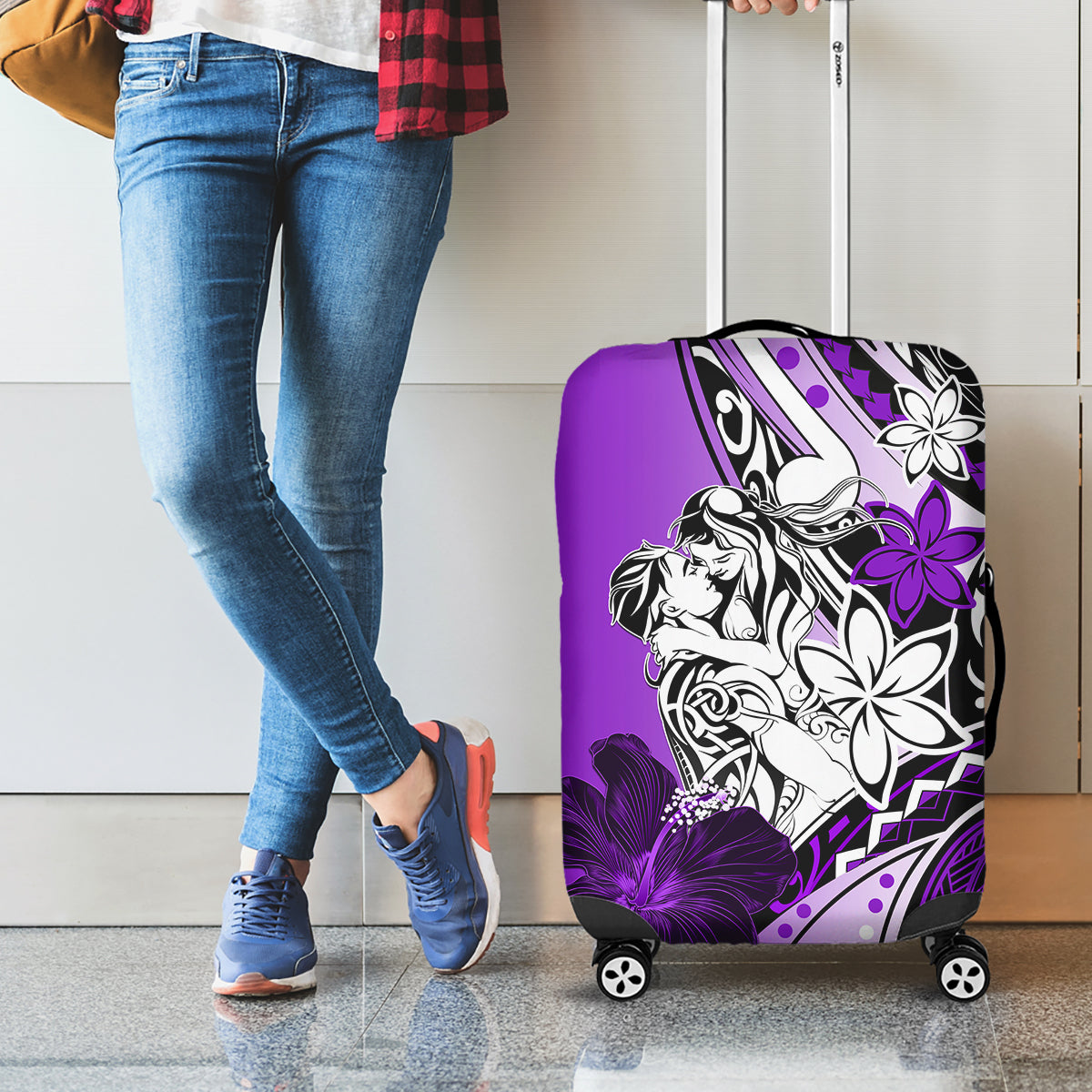Polynesian Valentine Luggage Cover Couple Floral Unique Purple Version LT01 - Polynesian Pride
