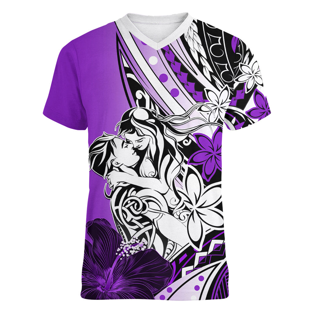 Polynesian Valentine Women V Neck T Shirt Couple Floral Unique Purple Version LT01 Female Purple - Polynesian Pride