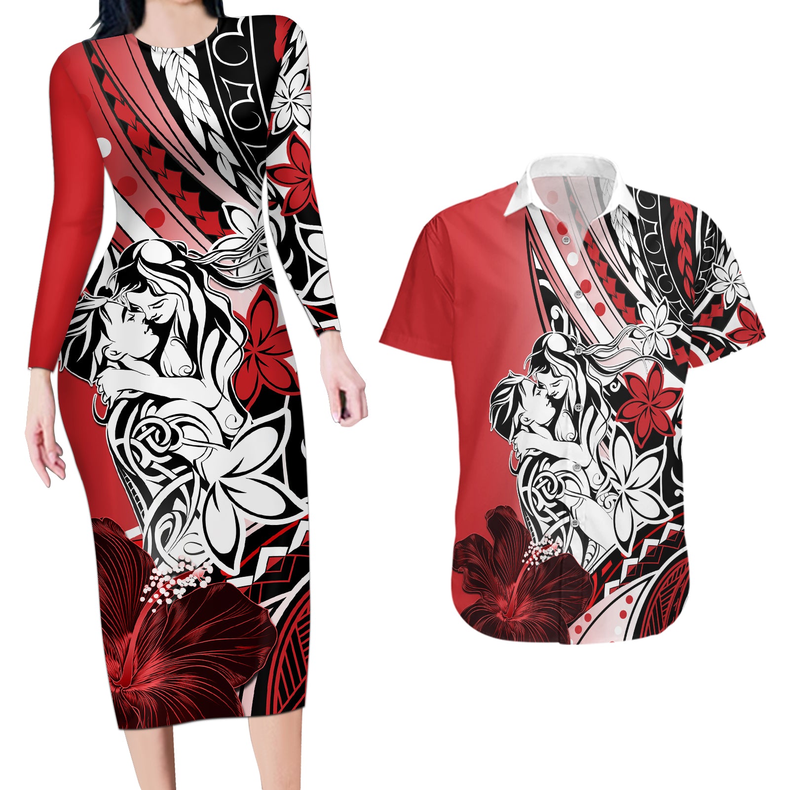 Polynesian Valentine Couples Matching Long Sleeve Bodycon Dress and Hawaiian Shirt Couple Floral Unique Red Version LT01 Red - Polynesian Pride