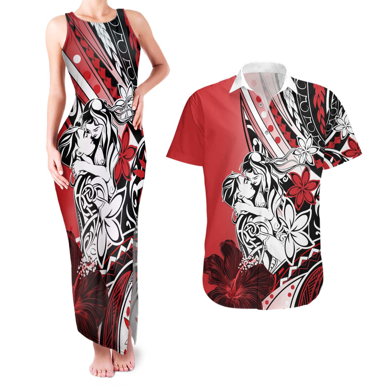 Polynesian Valentine Couples Matching Tank Maxi Dress and Hawaiian Shirt Couple Floral Unique Red Version LT01 Red - Polynesian Pride