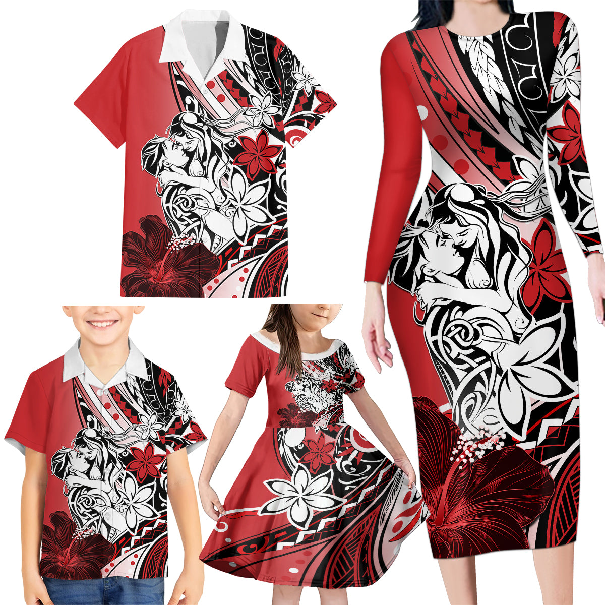 Polynesian Valentine Family Matching Long Sleeve Bodycon Dress and Hawaiian Shirt Couple Floral Unique Red Version LT01 - Polynesian Pride