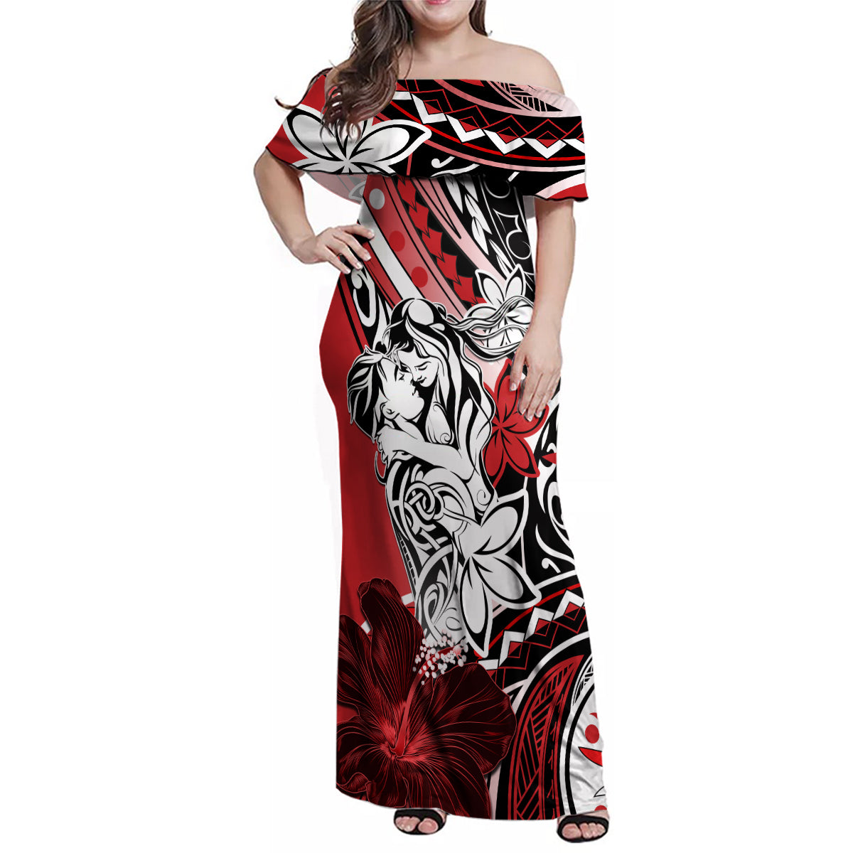 Polynesian Valentine Family Matching Off Shoulder Maxi Dress and Hawaiian Shirt Couple Floral Unique Red Version LT01 Mom's Dress Red - Polynesian Pride