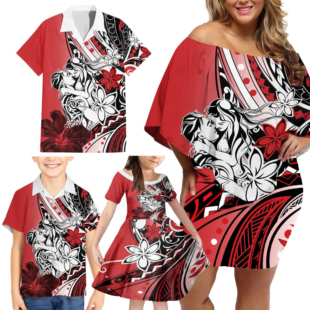 Polynesian Valentine Family Matching Off Shoulder Short Dress and Hawaiian Shirt Couple Floral Unique Red Version LT01 - Polynesian Pride