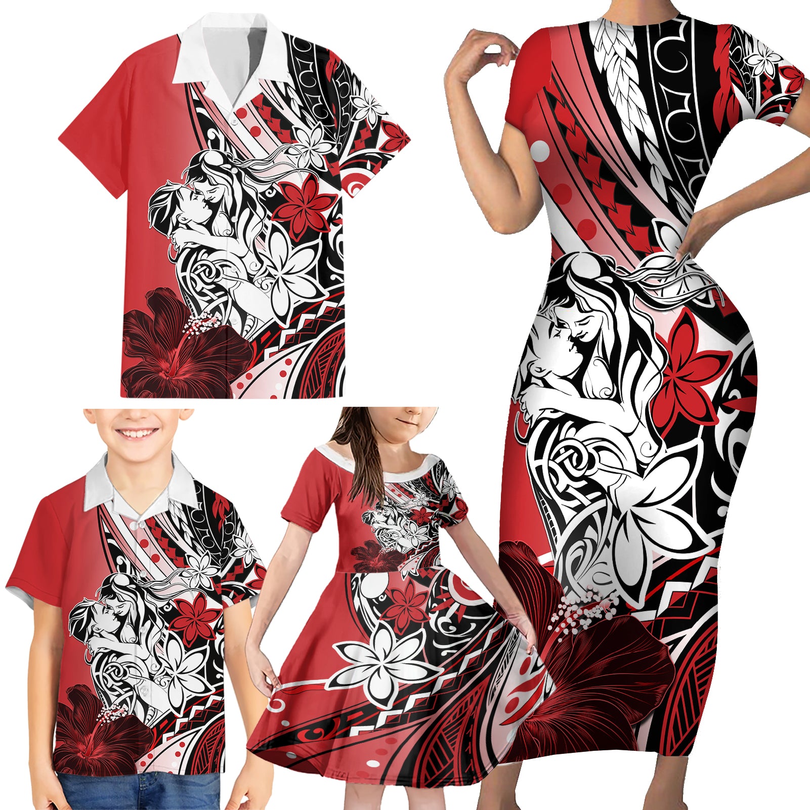 Polynesian Valentine Family Matching Short Sleeve Bodycon Dress and Hawaiian Shirt Couple Floral Unique Red Version LT01 - Polynesian Pride