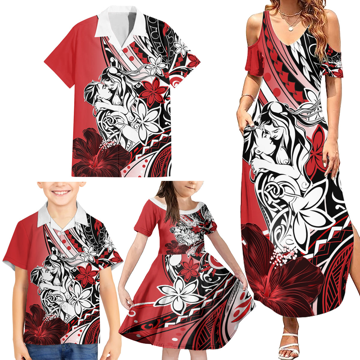 Polynesian Valentine Family Matching Summer Maxi Dress and Hawaiian Shirt Couple Floral Unique Red Version LT01 - Polynesian Pride