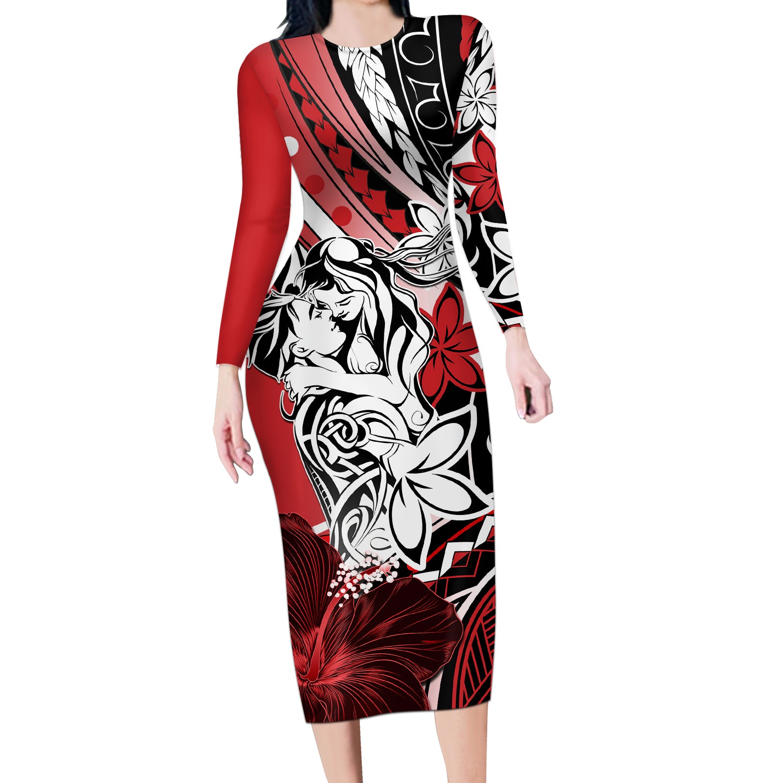 Polynesian Valentine Long Sleeve Bodycon Dress Couple Floral Unique Red Version LT01 Long Dress Red - Polynesian Pride