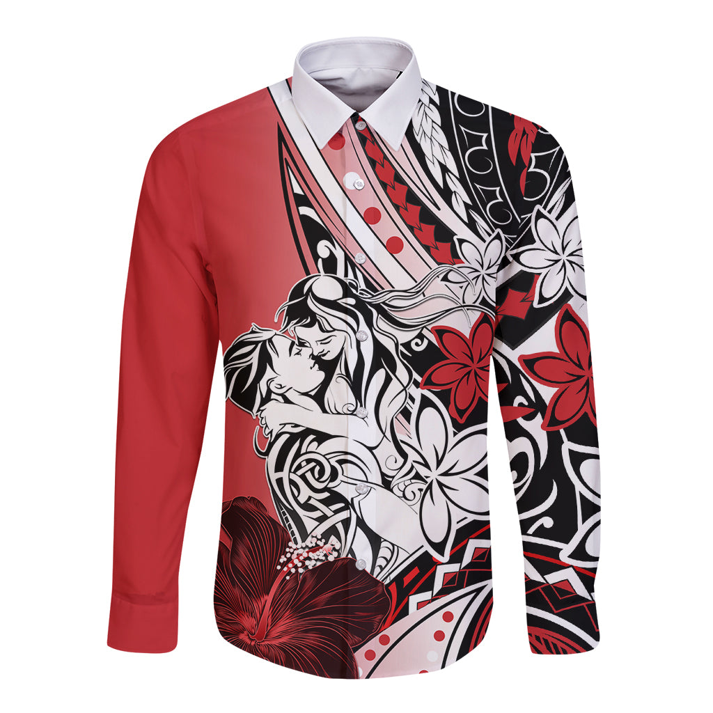 Polynesian Valentine Long Sleeve Button Shirt Couple Floral Unique Red Version LT01 Unisex Red - Polynesian Pride
