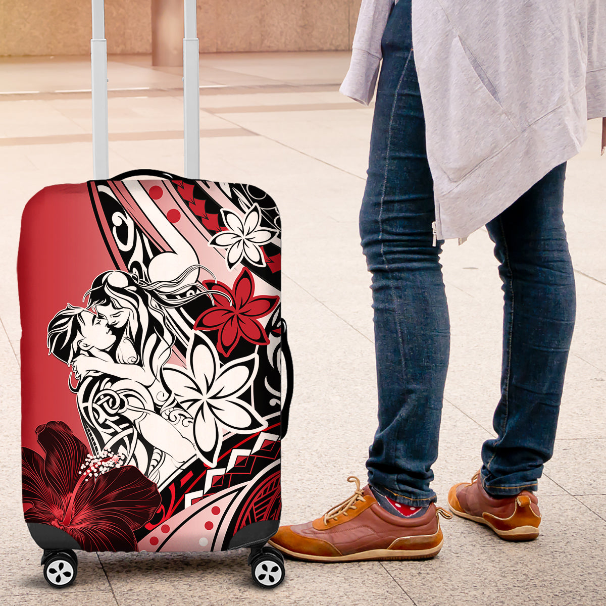 Polynesian Valentine Luggage Cover Couple Floral Unique Red Version LT01 Red - Polynesian Pride
