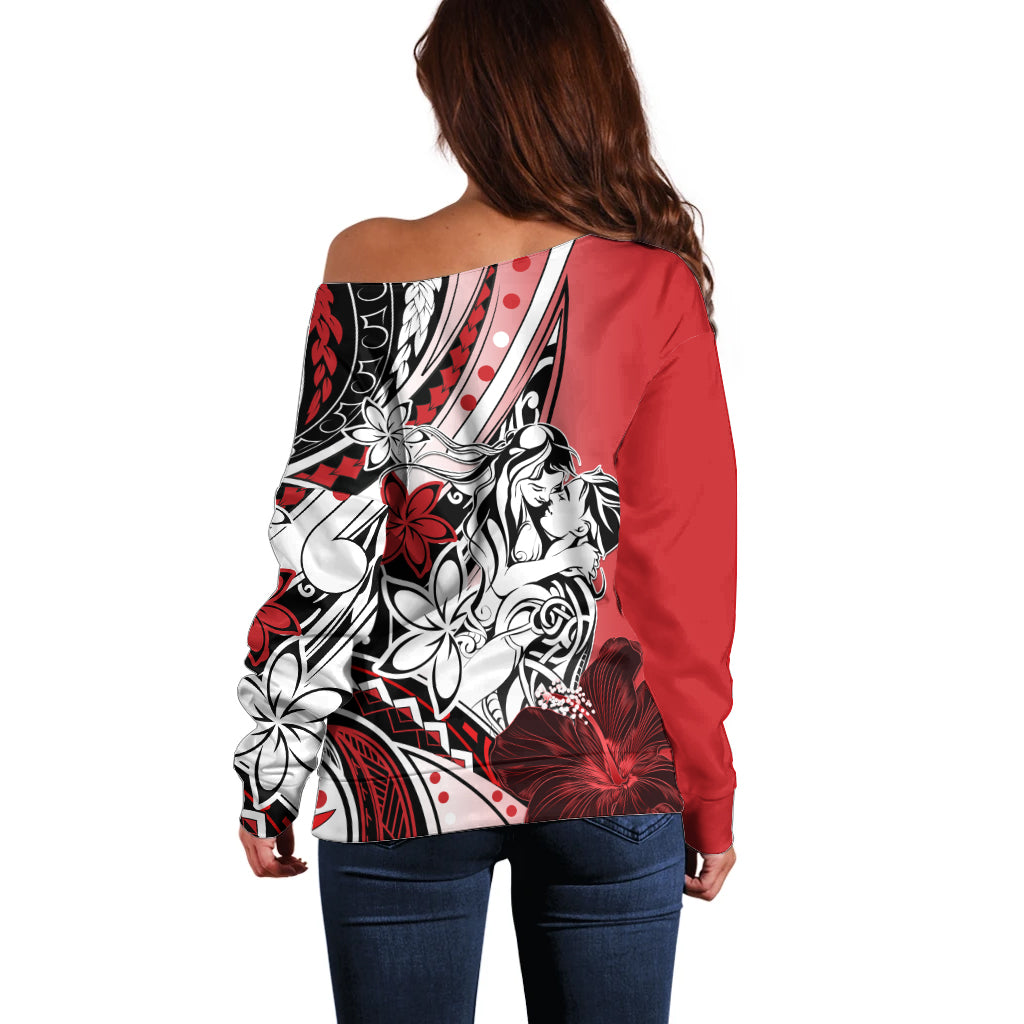 Polynesian Valentine Off Shoulder Sweater Couple Floral Unique Red Version LT01 - Polynesian Pride