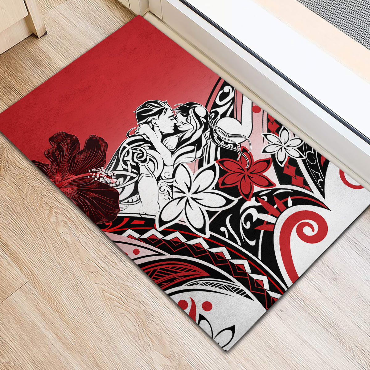 Polynesian Valentine Rubber Doormat Couple Floral Unique Red Version LT01 - Polynesian Pride