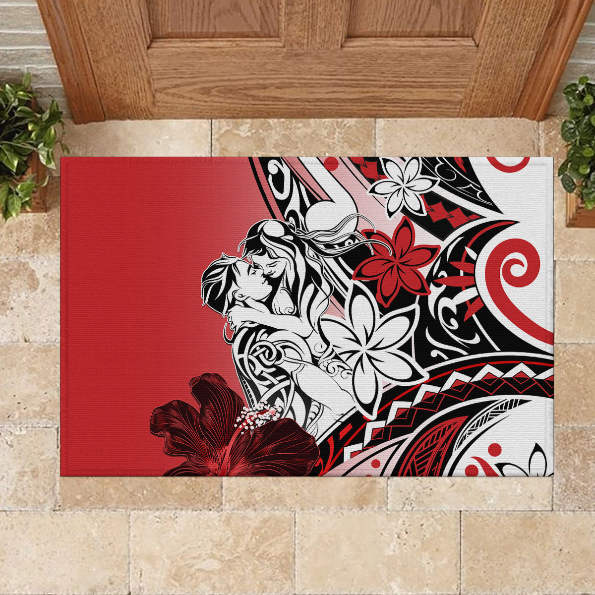 Polynesian Valentine Rubber Doormat Couple Floral Unique Red Version LT01 - Polynesian Pride