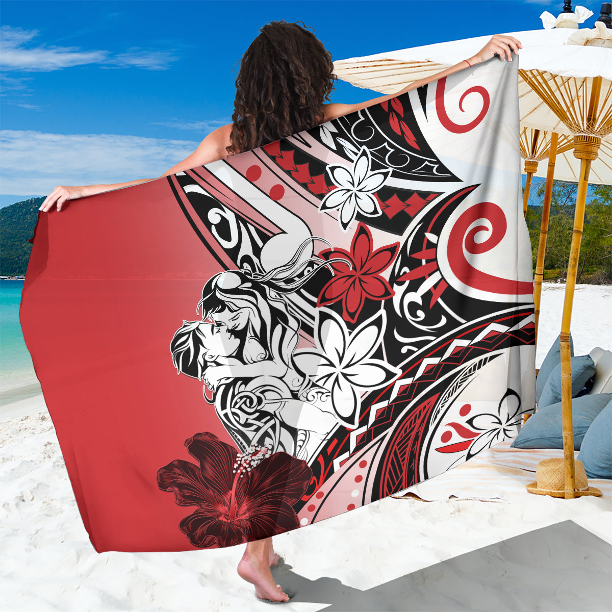 Polynesian Valentine Sarong Couple Floral Unique Red Version LT01 One Size 44 x 66 inches Red - Polynesian Pride