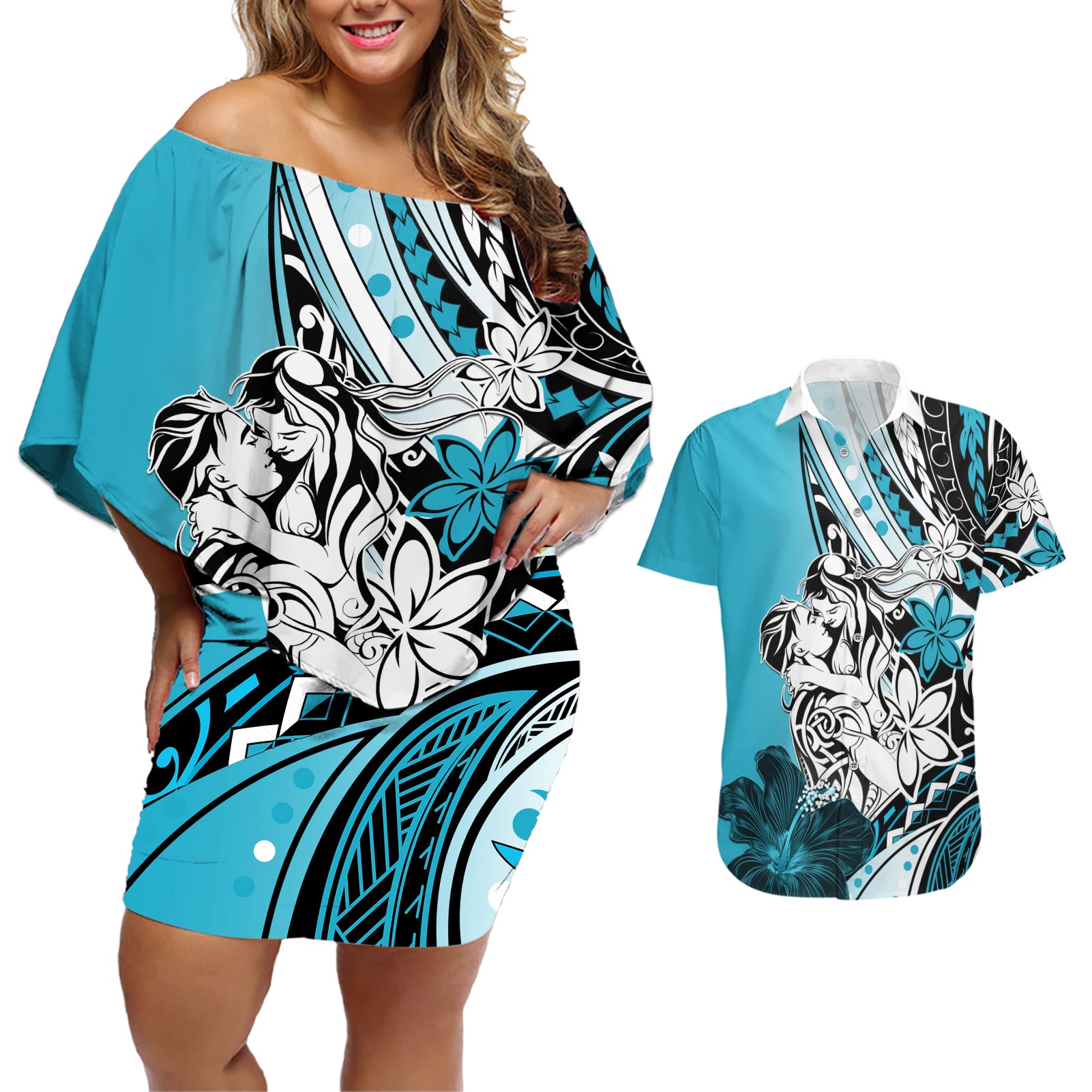 Polynesian Valentine Couples Matching Off Shoulder Short Dress and Hawaiian Shirt Couple Floral Unique Sky Blue Version LT01 Sky - Polynesian Pride