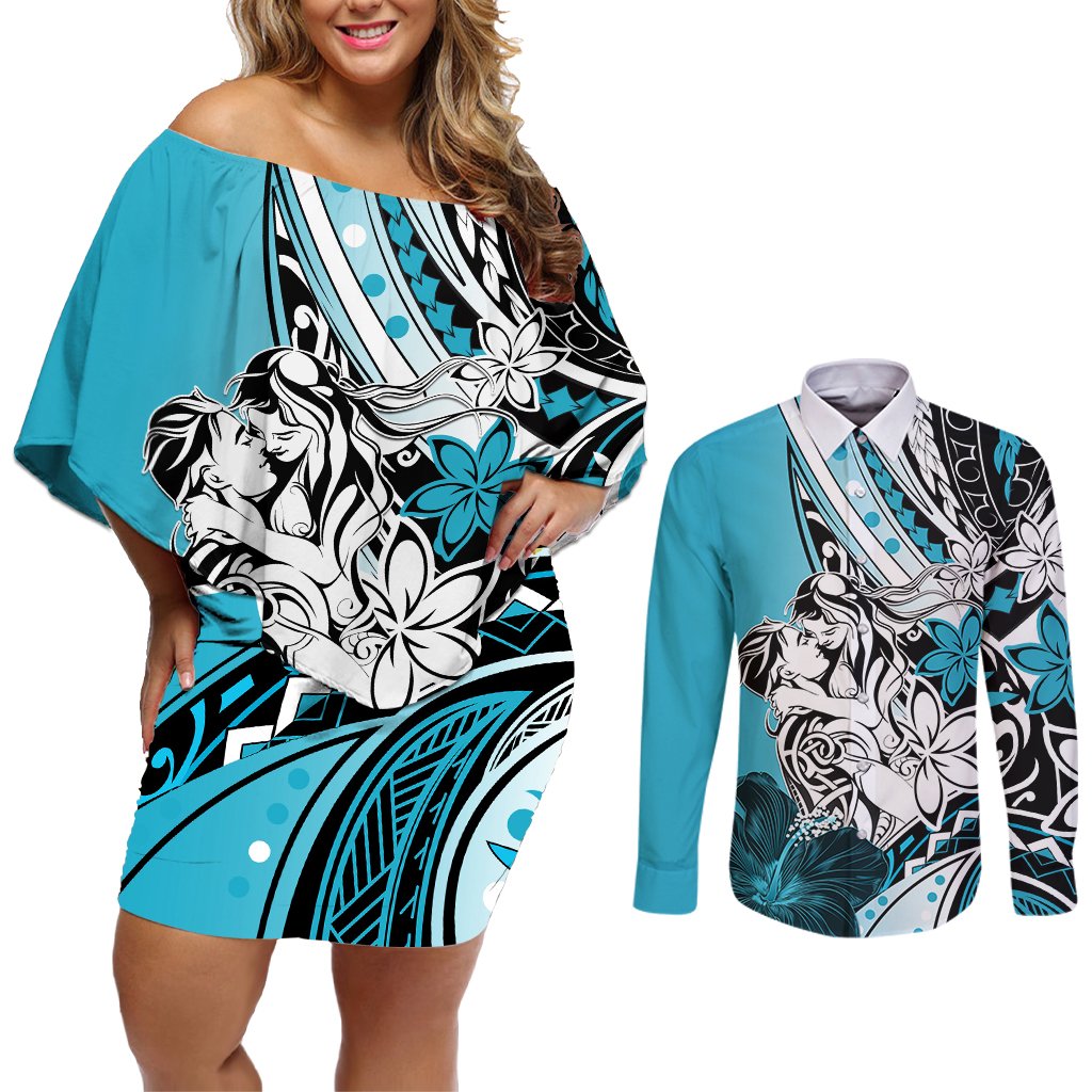Polynesian Valentine Couples Matching Off Shoulder Short Dress and Long Sleeve Button Shirt Couple Floral Unique Sky Blue Version LT01 Sky - Polynesian Pride