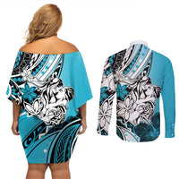 Polynesian Valentine Couples Matching Off Shoulder Short Dress and Long Sleeve Button Shirt Couple Floral Unique Sky Blue Version LT01 - Polynesian Pride