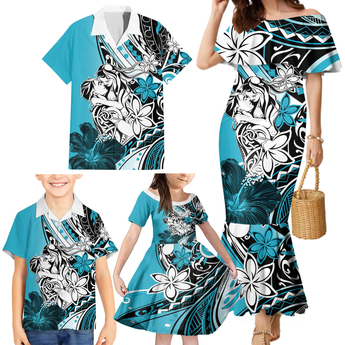 Polynesian Valentine Family Matching Mermaid Dress and Hawaiian Shirt Couple Floral Unique Sky Blue Version LT01 - Polynesian Pride