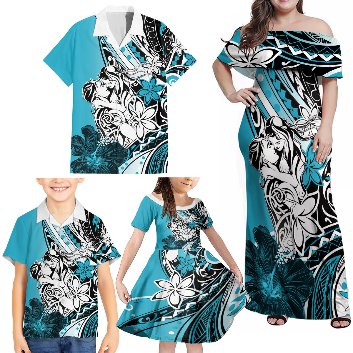 Polynesian Valentine Family Matching Off Shoulder Maxi Dress and Hawaiian Shirt Couple Floral Unique Sky Blue Version LT01 - Polynesian Pride