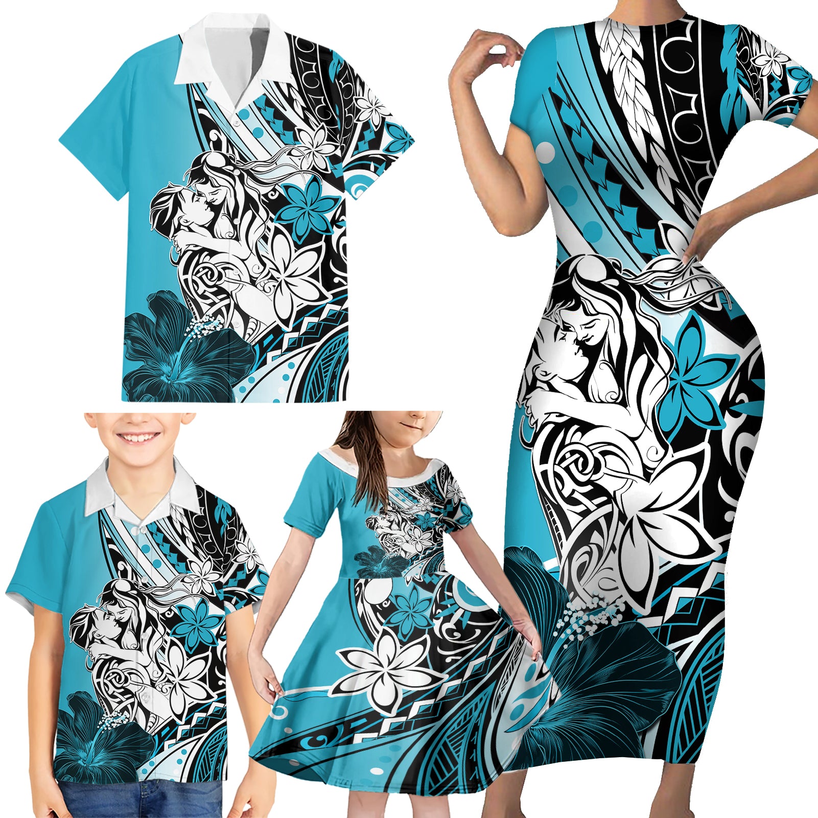 Polynesian Valentine Family Matching Short Sleeve Bodycon Dress and Hawaiian Shirt Couple Floral Unique Sky Blue Version LT01 - Polynesian Pride