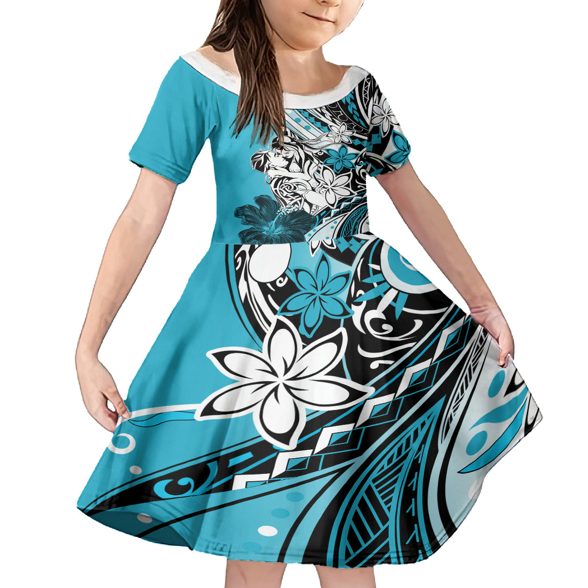 Polynesian Valentine Kid Short Sleeve Dress Couple Floral Unique Sky Blue Version LT01 KID Sky - Polynesian Pride