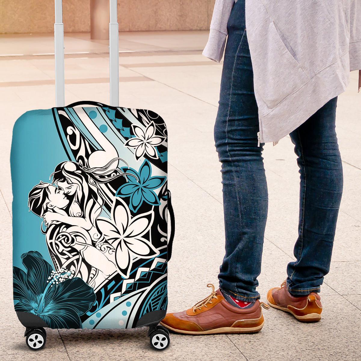 Polynesian Valentine Luggage Cover Couple Floral Unique Sky Blue Version LT01 Sky - Polynesian Pride
