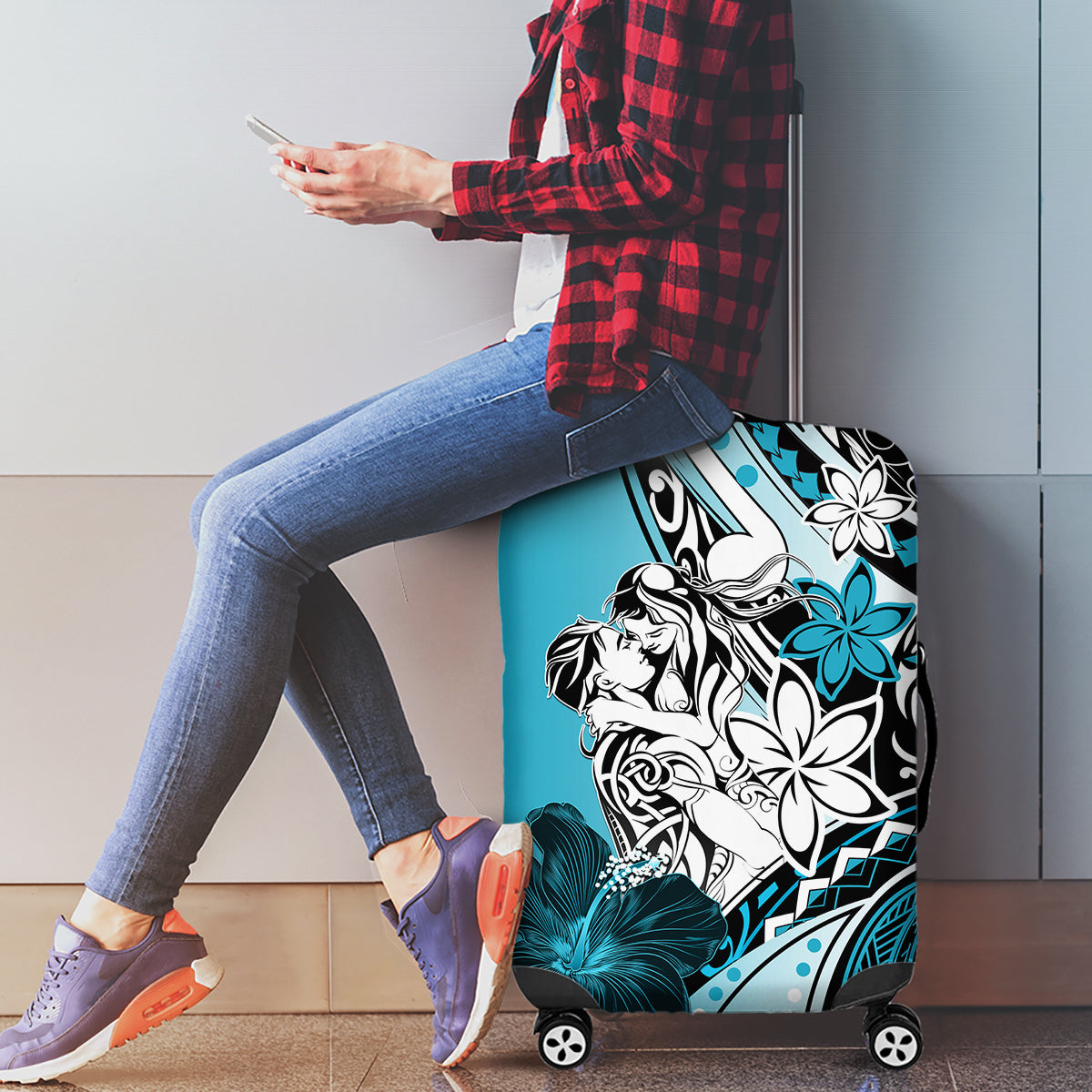 Polynesian Valentine Luggage Cover Couple Floral Unique Sky Blue Version LT01 - Polynesian Pride