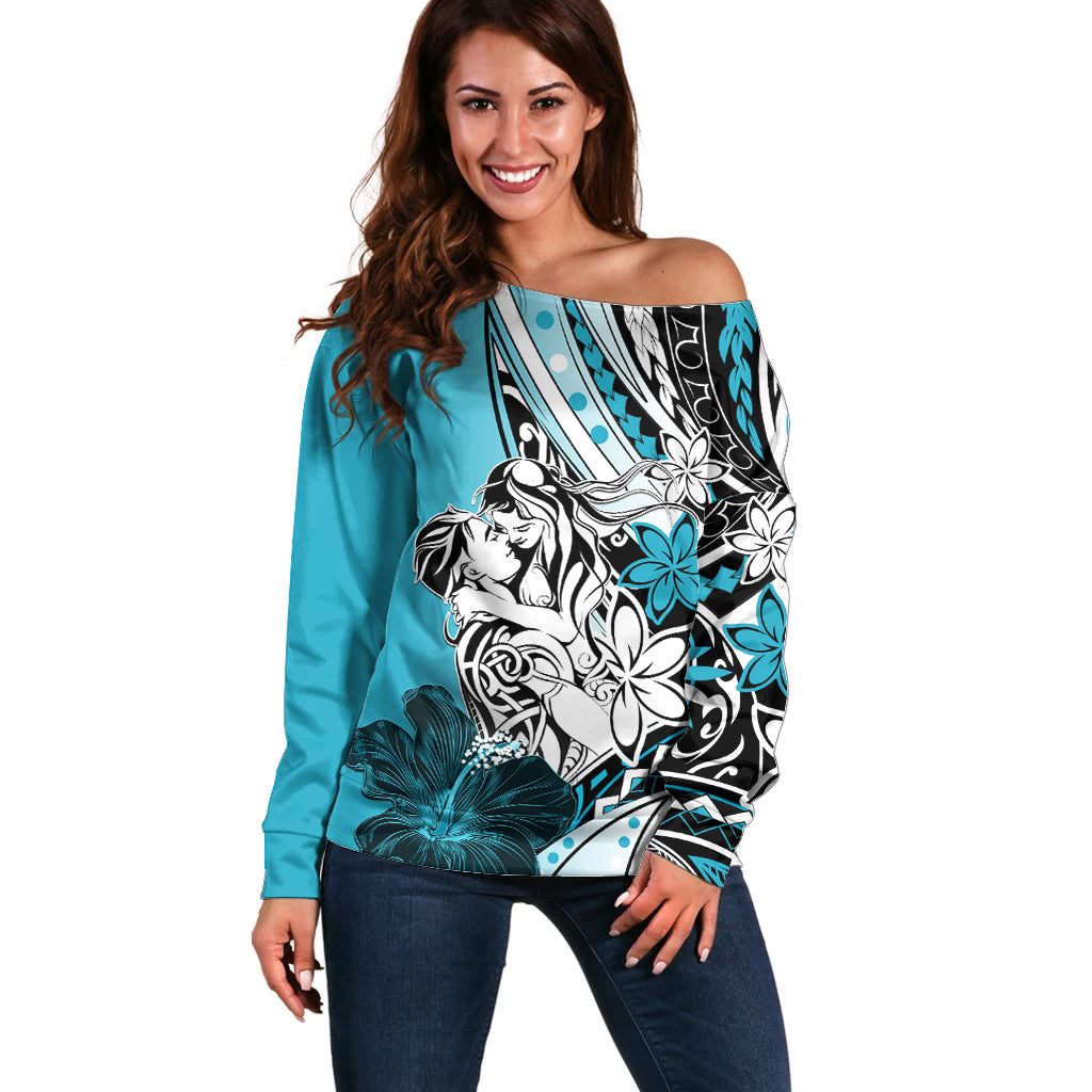 Polynesian Valentine Off Shoulder Sweater Couple Floral Unique Sky Blue Version LT01 Women Sky - Polynesian Pride